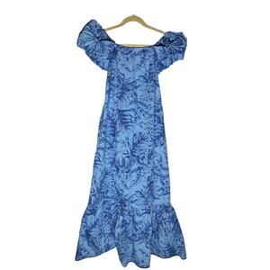 Vintage Hoku Hawaii Blue Floral Hibiscus Print Bow Shoulder Dress Size Small